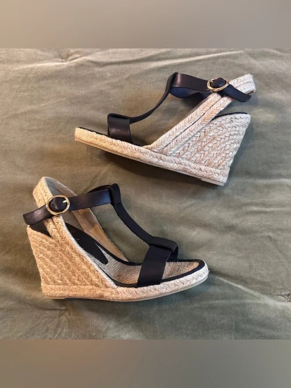 Time and Tru Black Espadrille T-Strap Wedge Sandals
